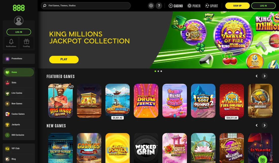 888casino lobby with featured slots, new games, live casino, and jackpots