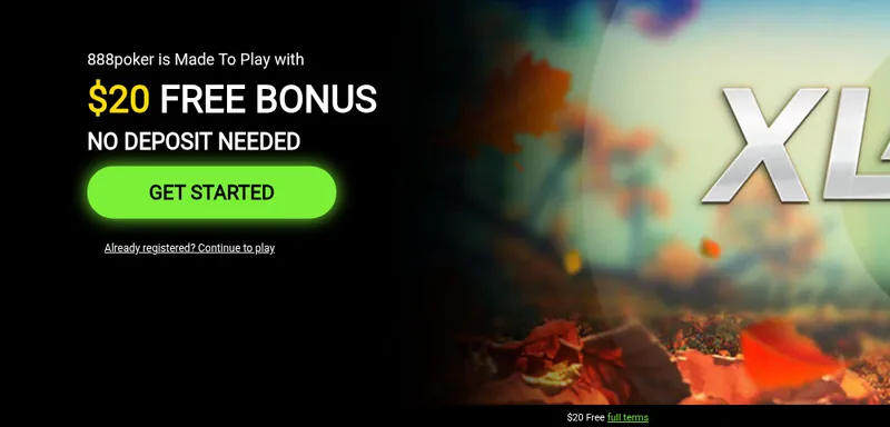 888poker landing page: $20 free bonus, no deposit needed, captured October 10, 2026