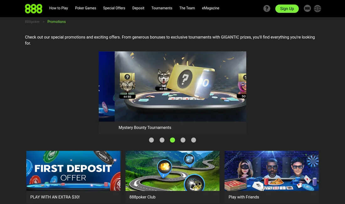 888poker promotions page with Mystery Bounty Tournaments, a first deposit offer, and the 888poker Club