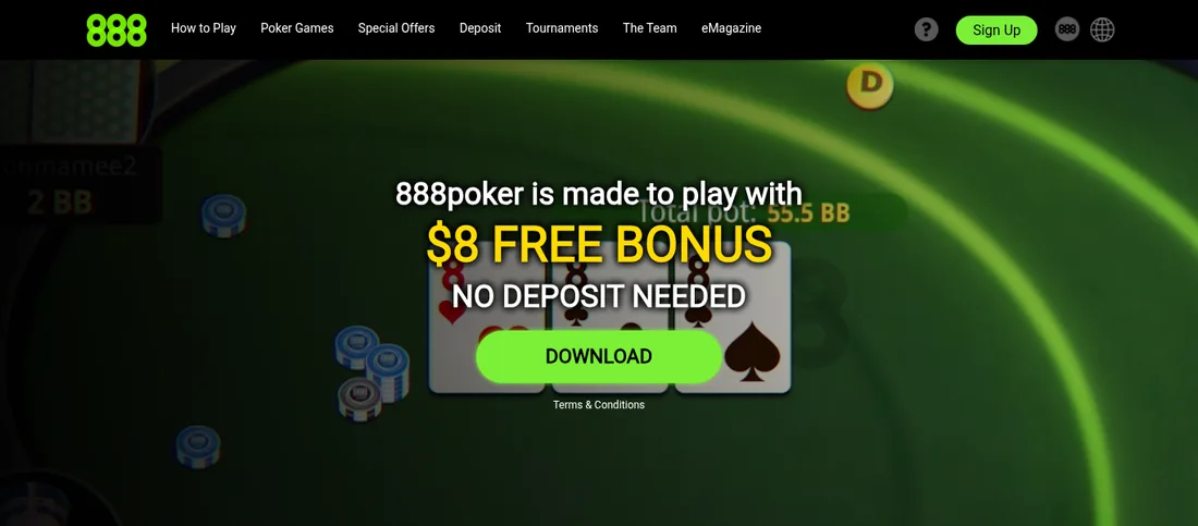 888poker homepage showing an $8 free bonus with no deposit needed, captured October 10, 2026