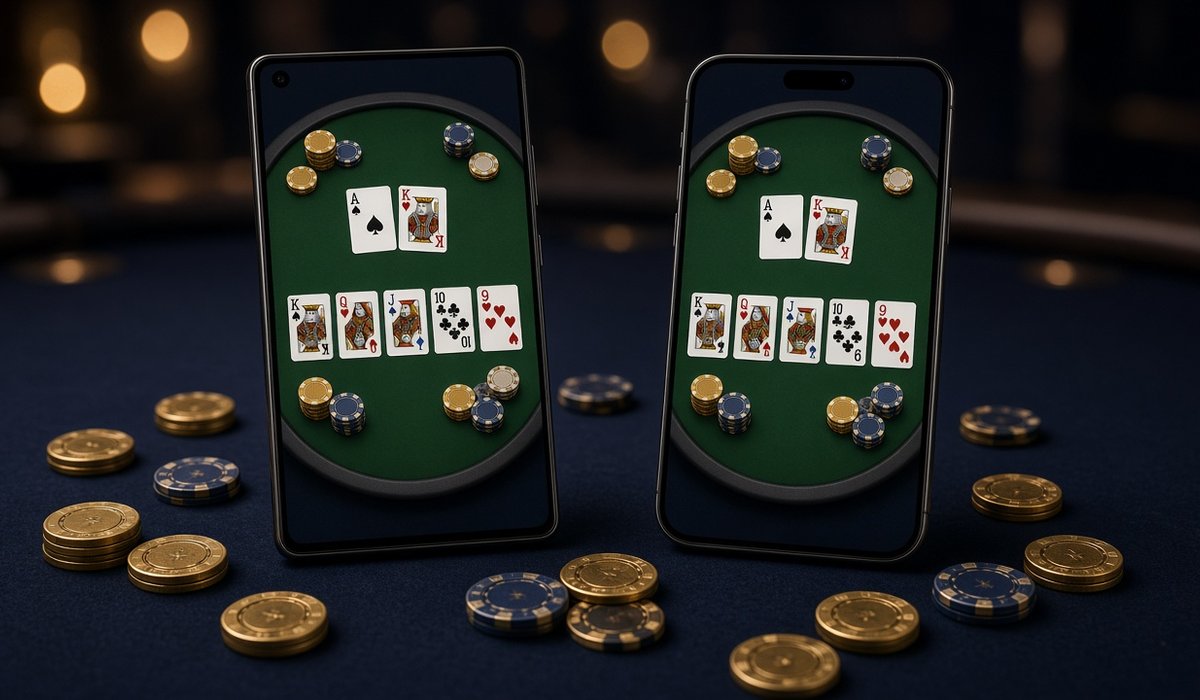 Android phone and iPhone side by side, both showing a mobile poker table — claim a poker bonus on either phone