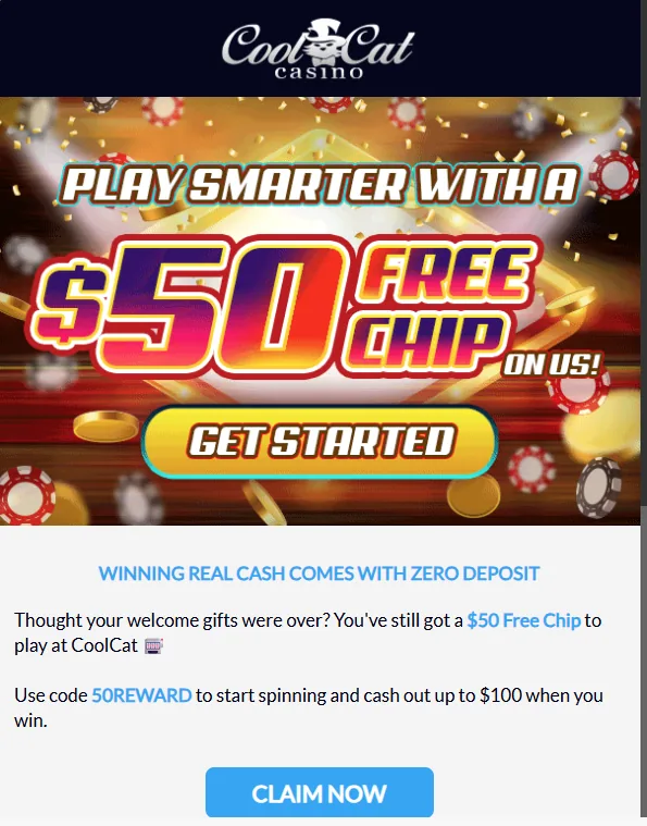 Cool Cat Casino $50 free chip, code 50REWARD, cash out up to $100.