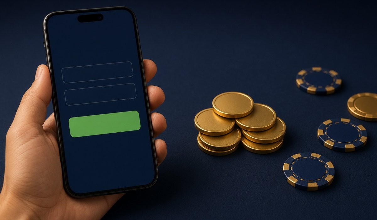 Phone cashier screen with gold crypto coins and poker chips — depositing for a mobile poker bonus with crypto