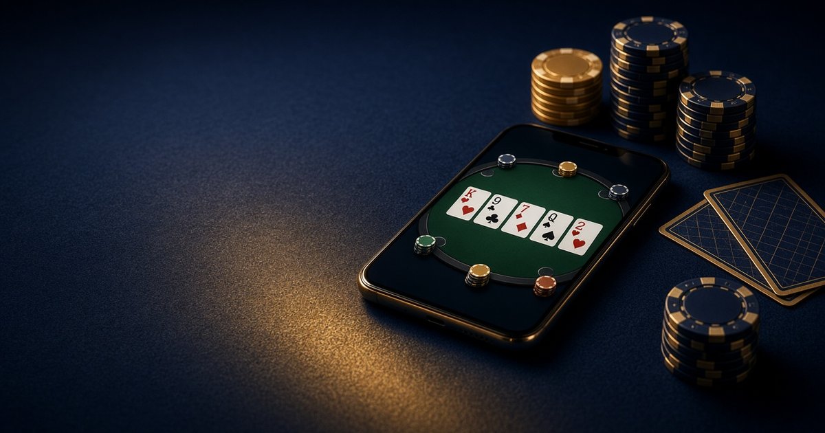 Smartphone showing a real money poker table with cards and gold poker chips — mobile poker bonus codes 2026