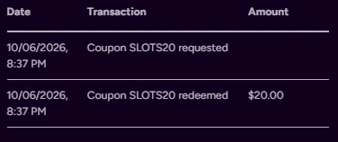 SlotsPlus Casino SLOTS20 coupon redeemed for $20 on October 6, 2026.