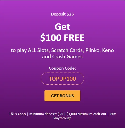 SlotsPlus Casino: deposit $25, get $100 free with code TOPUP100, 60x playthrough, $1,000 max cashout.